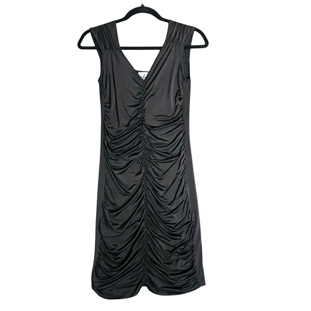 Beware Ruched Bodycon Dress S Black Mini Y2K Vintage 90s Slinky Whimsigoth Party